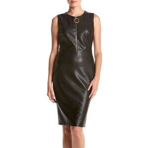 Calvin Klein Black Faux Leather Sleeveless Sheath Midi Pencil Dress